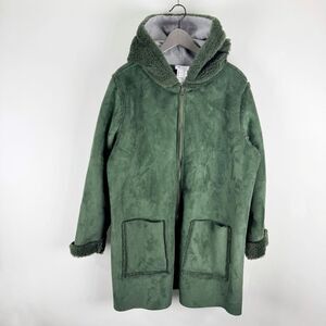 Denim & Co Coat Womens XL Green Reversible Faux Suede Sherpa Zip Front Hooded